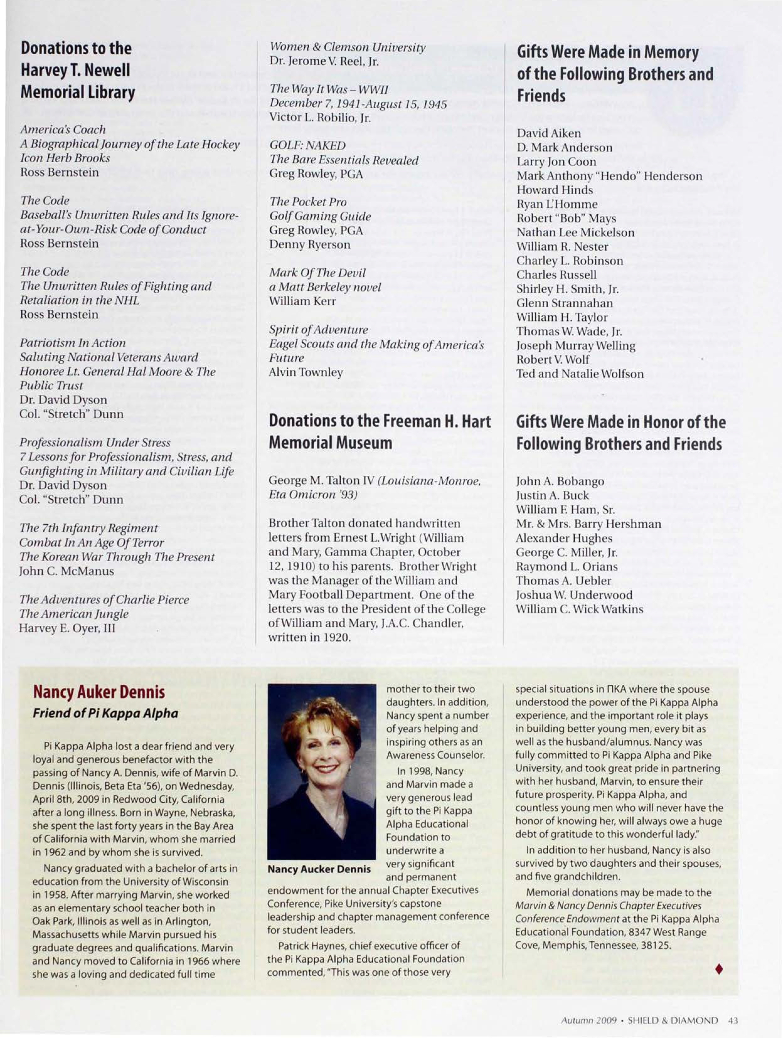 Nancy Auker Dennis Friend of Pi Kappa Alpha